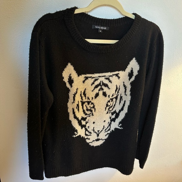 Malabar Sweaters - Malabar Black Sweater with Knited Tiger design size M